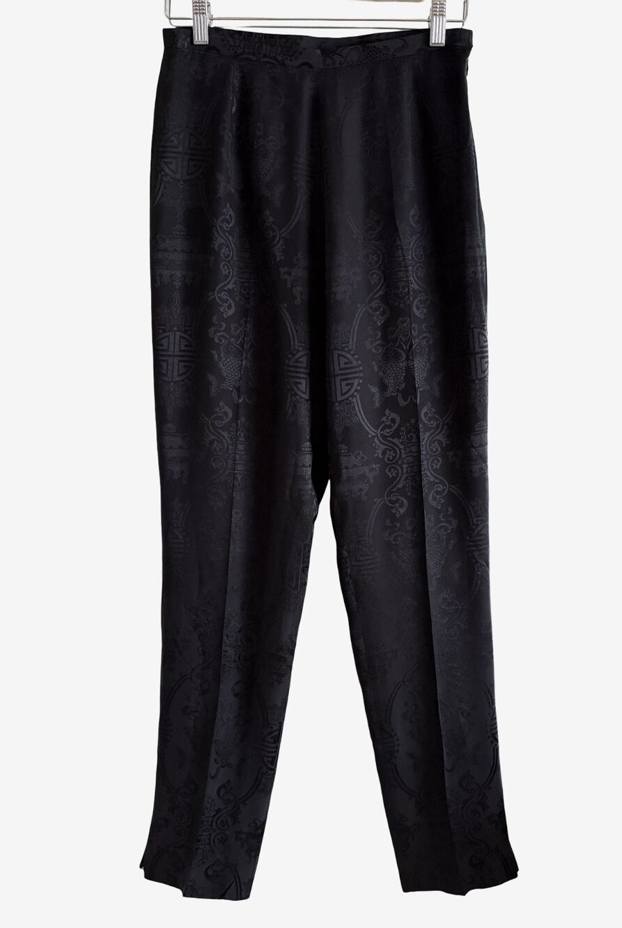 Shanghai Tang Black 100% Silk Tonal Asian Print Pants Tapered Leg Size US 8